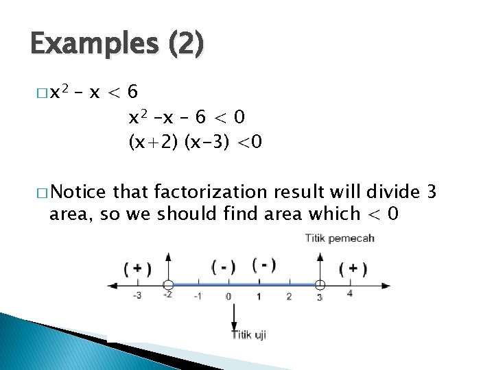 Examples (2) � x 2 –x<6 x 2 –x – 6 < 0 (x+2)