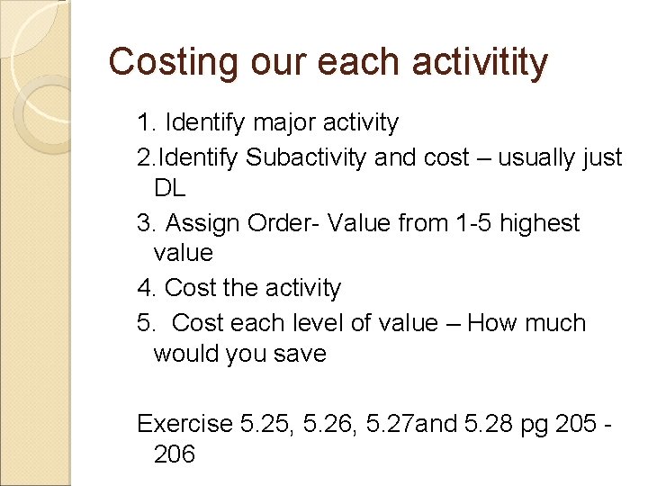 Costing our each activitity 1. Identify major activity 2. Identify Subactivity and cost –