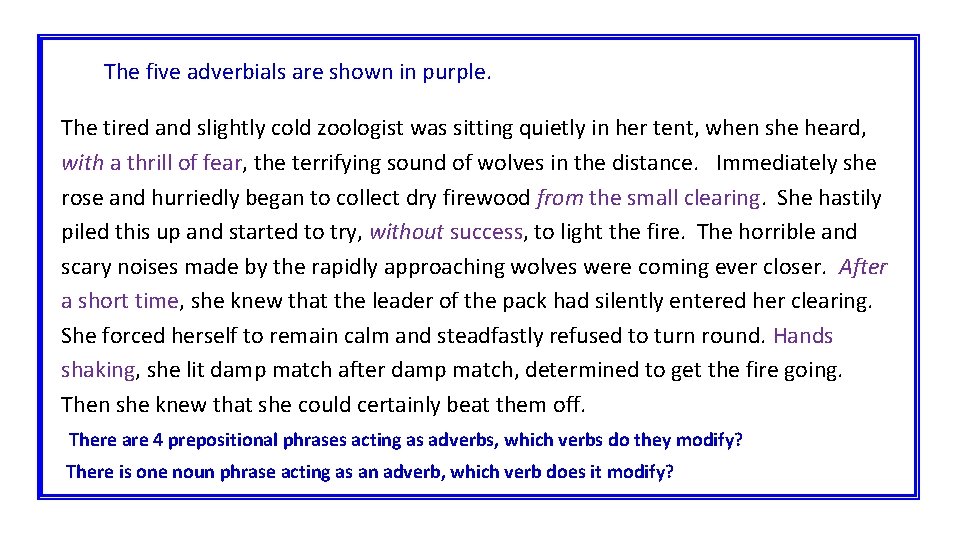 The five adverbials are shown in purple. The tired and slightly cold zoologist was