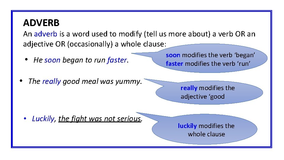 ADVERB An adverb is a word used to modify (tell us more about) a