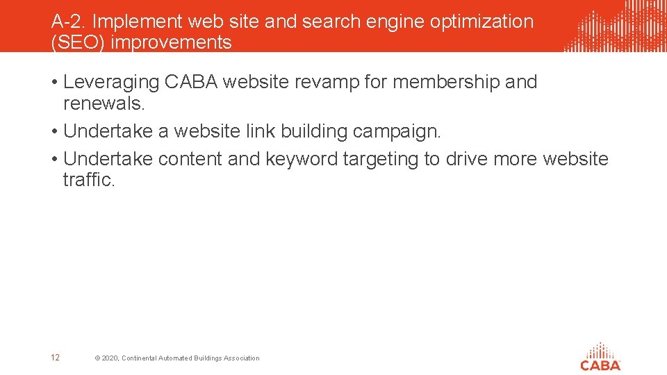 A-2. Implement web site and search engine optimization (SEO) improvements • Leveraging CABA website