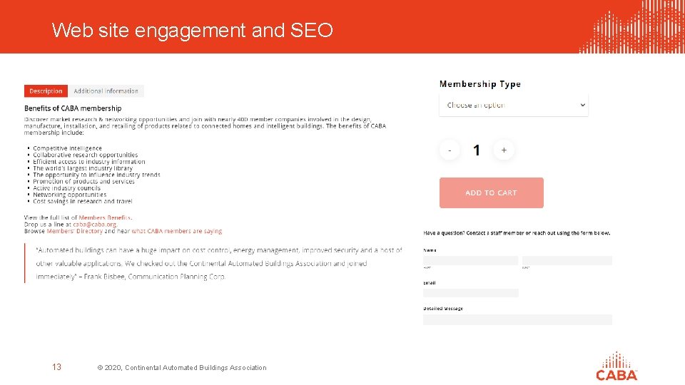 Web site engagement and SEO 13 © 2020, Continental Automated Buildings Association 