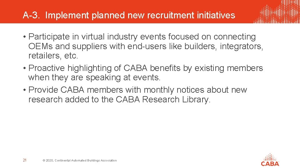 A-3. Implement planned new recruitment initiatives • Participate in virtual industry events focused on
