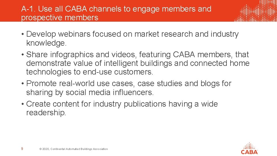 A-1. Use all CABA channels to engage members and prospective members • Develop webinars