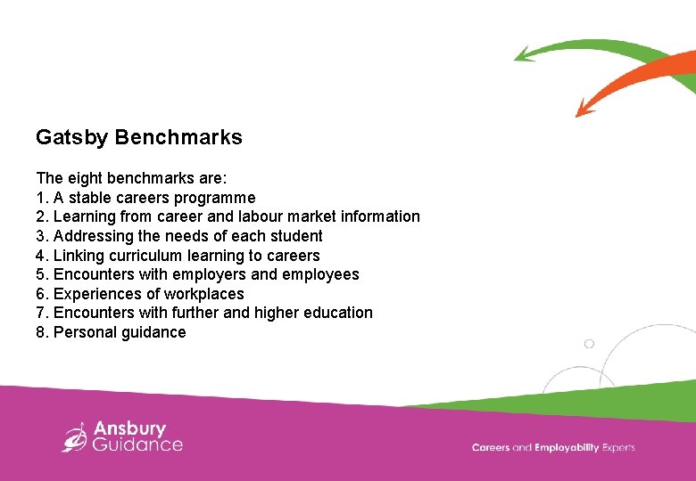 Gatsby Benchmarks The eight benchmarks are: 1. A stable careers programme 2. Learning from