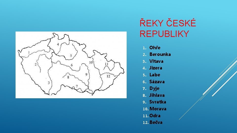 ŘEKY ČESKÉ REPUBLIKY 1. Ohře 2. Berounka 3. Vltava 4. Jizera 5. Labe 6.