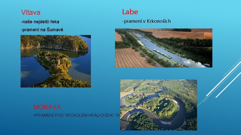 Vltava Labe -naše nejdelší řeka -pramení v Krkonoších -pramení na Šumavě MORAVA -PRAMENÍ POD