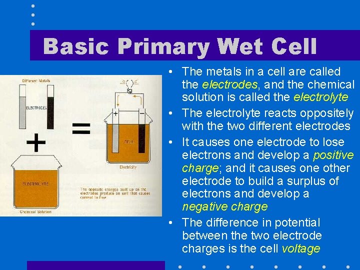 Basic Primary Wet Cell • The metals in a cell are called the electrodes,