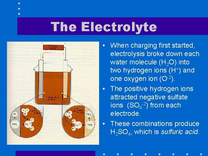 The Electrolyte • When charging first started, electrolysis broke down each water molecule (H