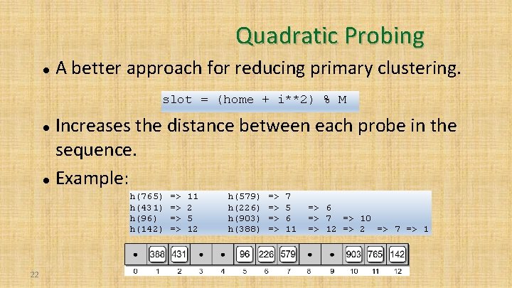 Quadratic Probing A better approach for reducing primary clustering. slot = (home + i**2)