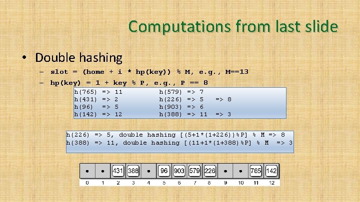 Computations from last slide • Double hashing – slot = (home + i *