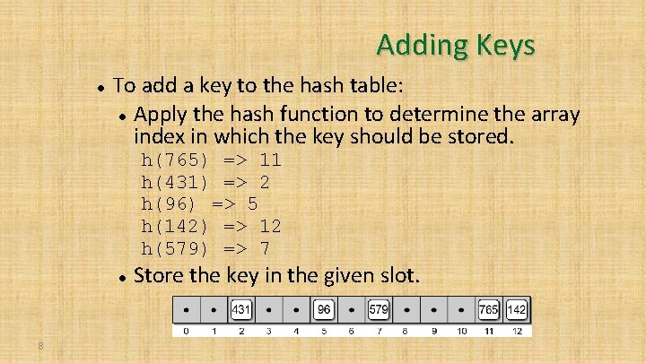 Adding Keys To add a key to the hash table: Apply the hash function