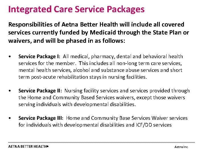 Integrated Care Service Packages Responsibilities of Aetna Better Health will include all covered services
