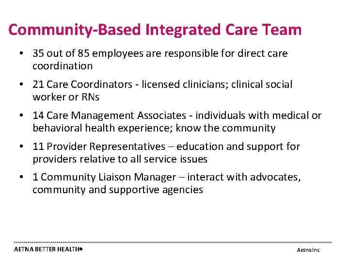 Community-Based Integrated Care Team • 35 out of 85 employees are responsible for direct