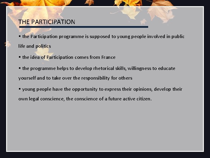 THE PARTICIPATION § the Participation programme is supposed to young people involved in public