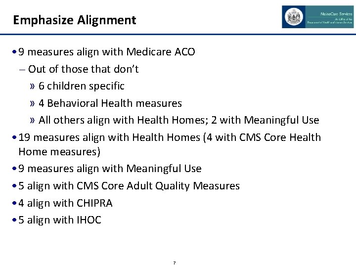 Emphasize Alignment • 9 measures align with Medicare ACO – Out of those that