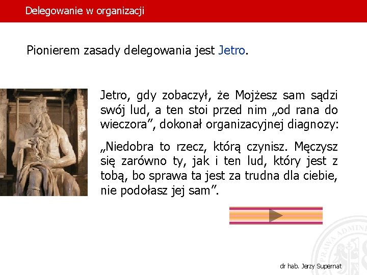 Delegowanie w organizacji Pionierem zasady delegowania jest Jetro, gdy zobaczył, że Mojżesz sam sądzi