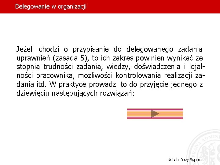 Delegowanie w organizacji Jeżeli chodzi o przypisanie do delegowanego zadania uprawnień (zasada 5), to