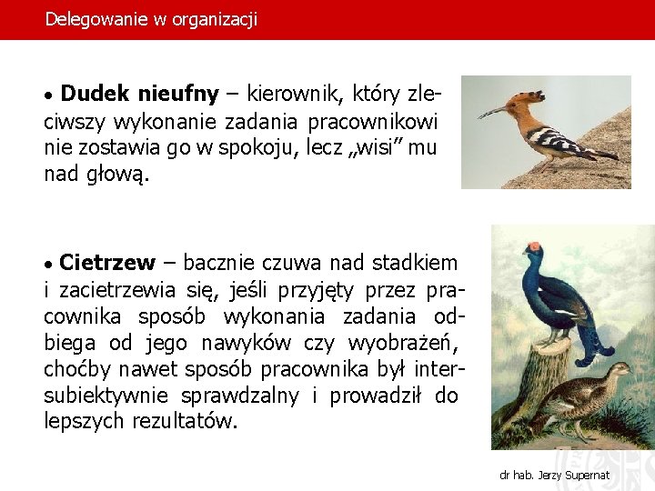 Delegowanie w organizacji · Dudek nieufny – kierownik, który zle- ciwszy wykonanie zadania pracownikowi