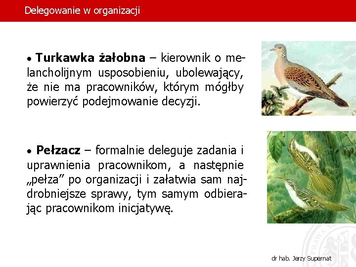 Delegowanie w organizacji · Turkawka żałobna – kierownik o me- lancholijnym usposobieniu, ubolewający, że