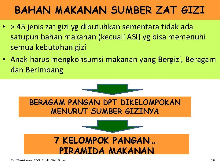 BAHAN MAKANAN SUMBER ZAT GIZI • > 45 jenis zat gizi yg dibutuhkan sementara BAHAN MAKANAN SUMBER ZAT GIZI • > 45 jenis zat gizi yg dibutuhkan sementara