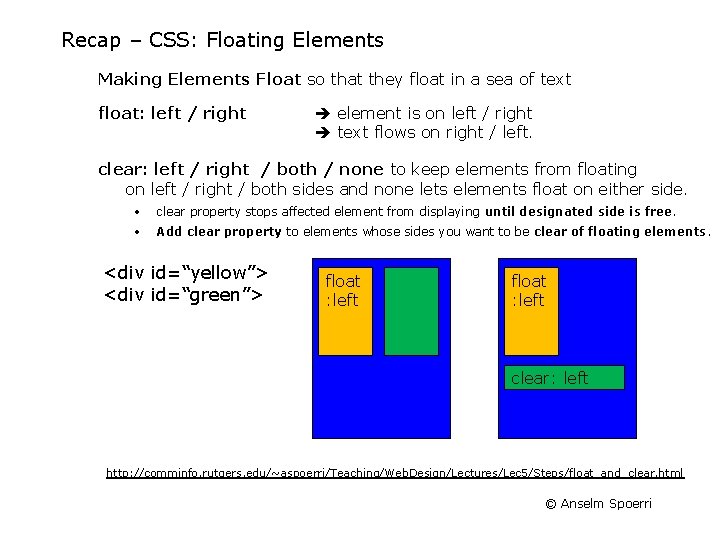 Recap – CSS: Floating Elements Making Elements Float so that they float in a