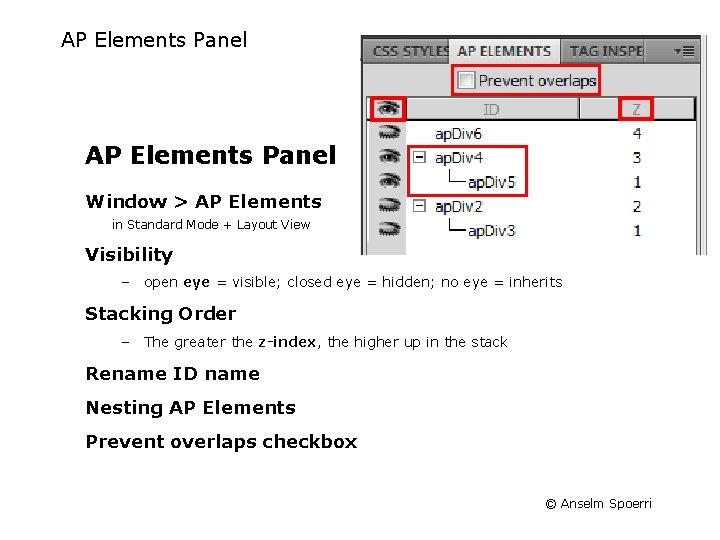 AP Elements Panel Window > AP Elements in Standard Mode + Layout View Visibility