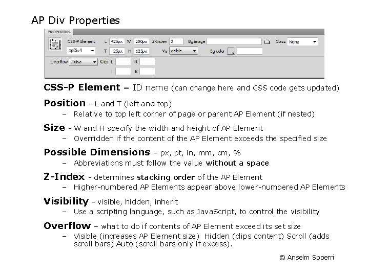 AP Div Properties CSS-P Element = ID name (can change here and CSS code