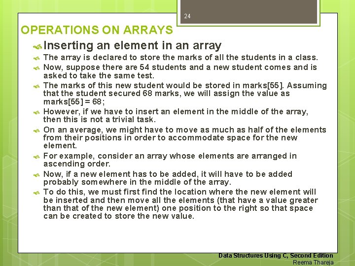 24 OPERATIONS ON ARRAYS Inserting an element in an array The array is declared