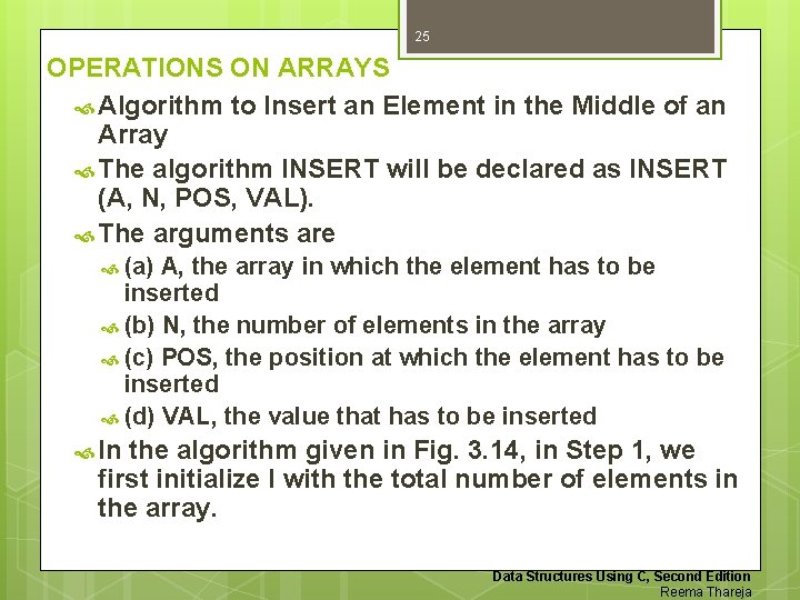 25 OPERATIONS ON ARRAYS Algorithm to Insert an Element in the Middle of an