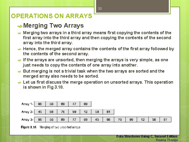33 OPERATIONS ON ARRAYS Merging Two Arrays Merging two arrays in a third array