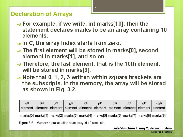 5 Declaration of Arrays For example, if we write, int marks[10]; then the statement