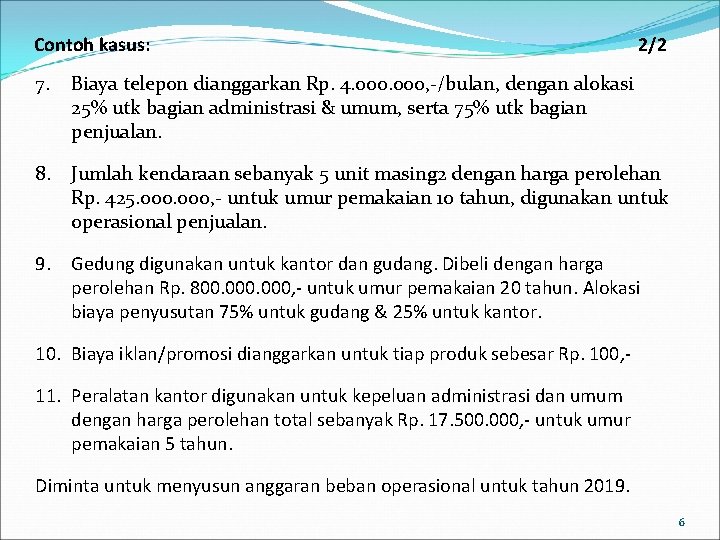 Contoh kasus: 7. 2/2 Biaya telepon dianggarkan Rp. 4. 000, -/bulan, dengan alokasi 25%