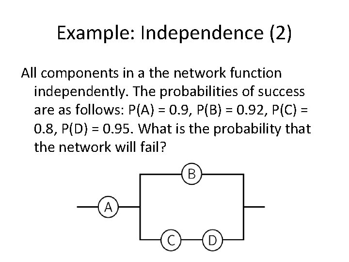 Example: Independence (2) All components in a the network function independently. The probabilities of