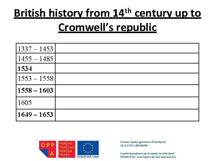 British history from 14 th century up to Cromwell’s republic 1337 – 1453 1455