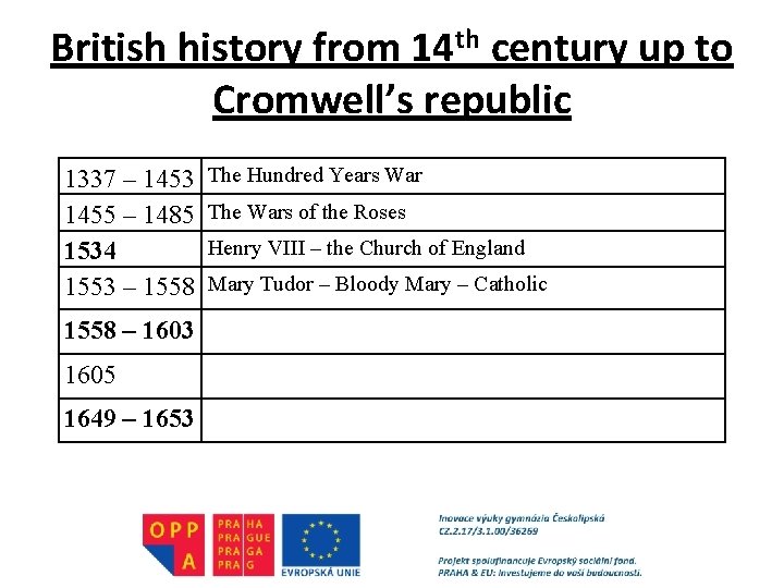 British history from 14 th century up to Cromwell’s republic 1337 – 1453 1455