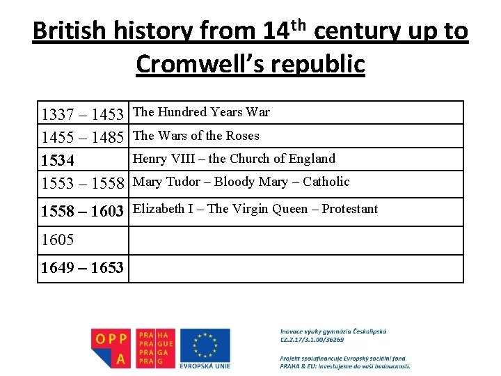 British history from 14 th century up to Cromwell’s republic 1337 – 1453 1455