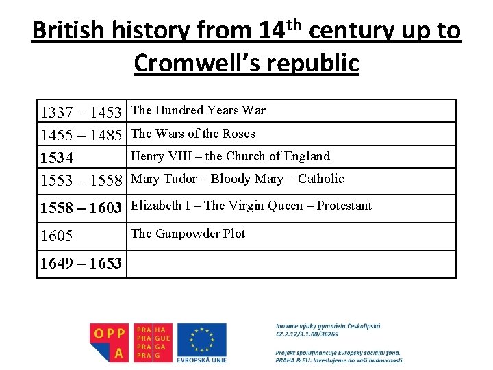 British history from 14 th century up to Cromwell’s republic 1337 – 1453 1455