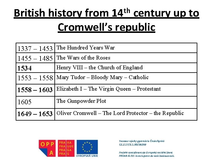 British history from 14 th century up to Cromwell’s republic 1337 – 1453 1455