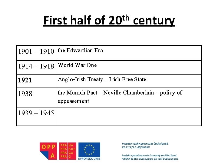 First half of 20 th century 1901 – 1910 the Edwardian Era 1914 –