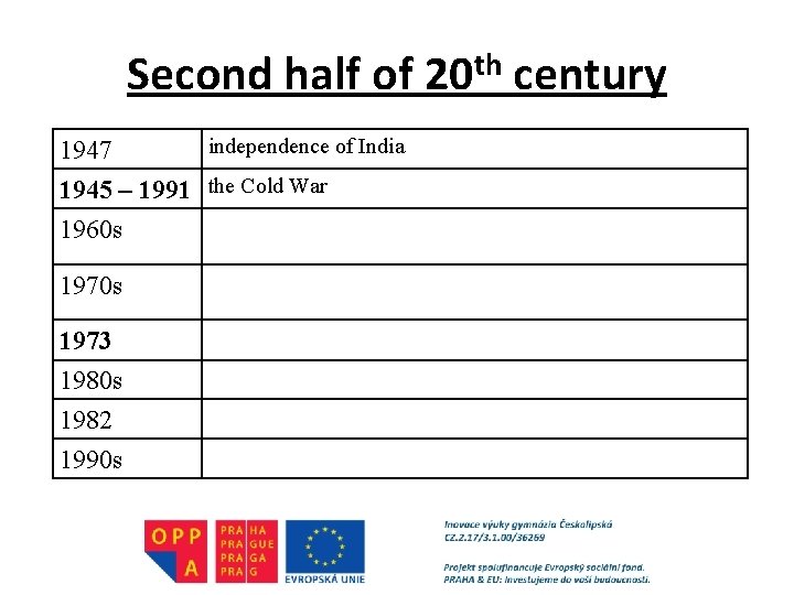 Second half of 20 th century 1947 independence of India 1945 – 1991 the