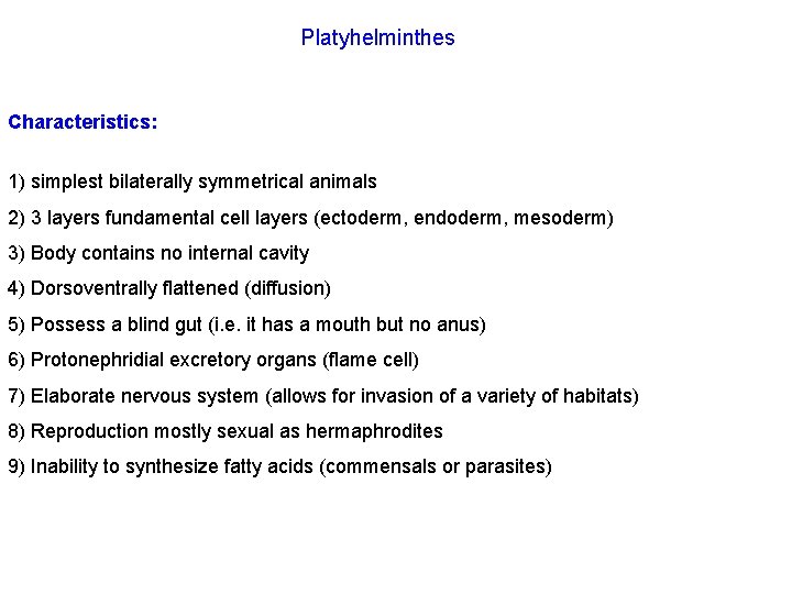 Platyhelminthes Characteristics: 1) simplest bilaterally symmetrical animals 2) 3 layers fundamental cell layers (ectoderm,