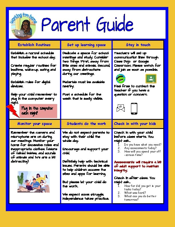 Establish Routines Set up learning space Stay in touch Create regular routines for bedtime,