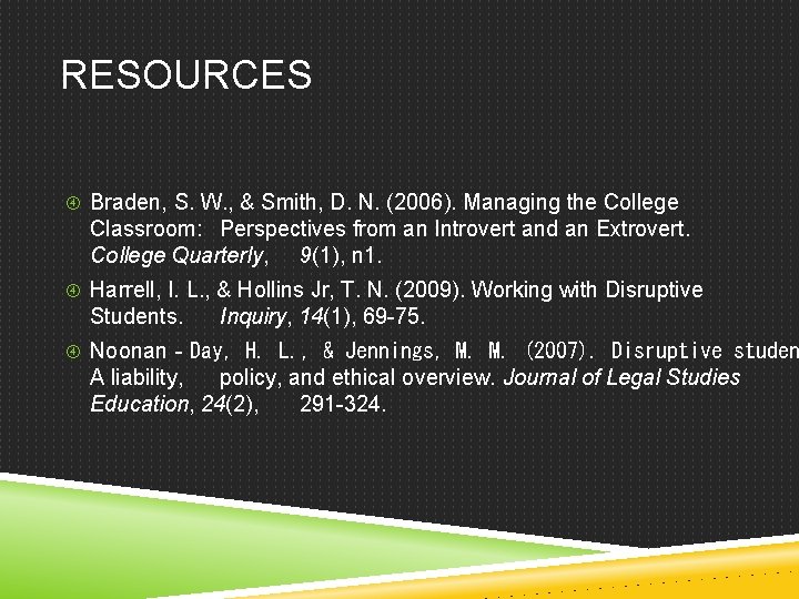 RESOURCES Braden, S. W. , & Smith, D. N. (2006). Managing the College Classroom: