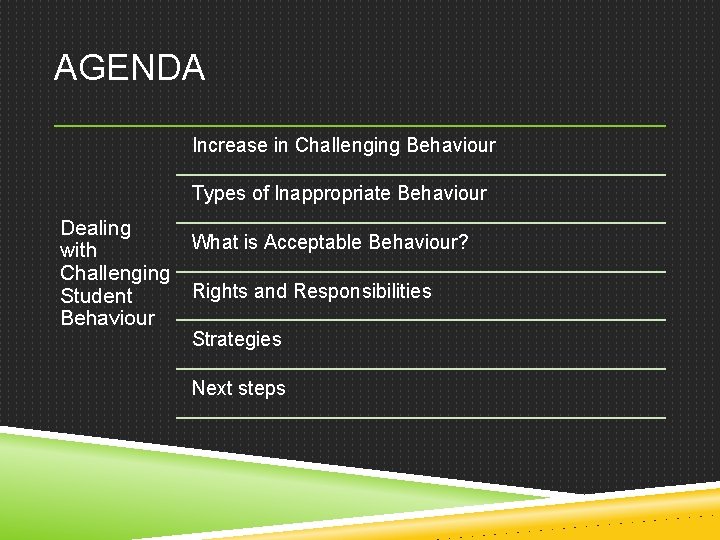 AGENDA Increase in Challenging Behaviour Types of Inappropriate Behaviour Dealing What is Acceptable Behaviour?