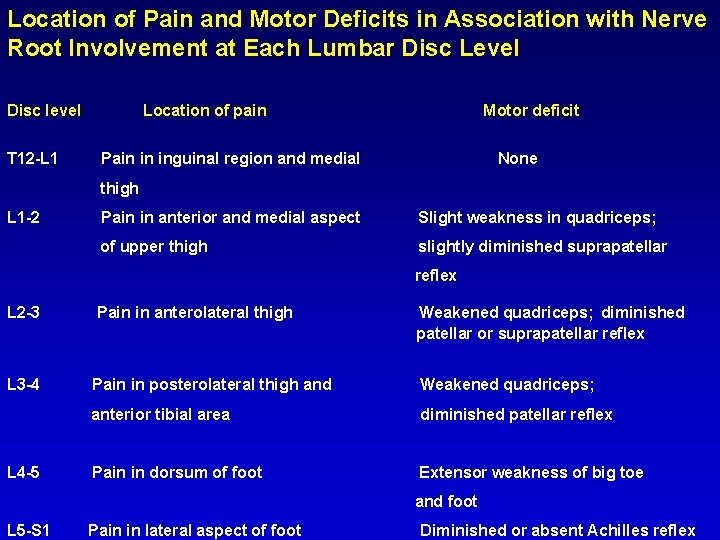 Location of Pain and Motor Deficits in Association with Nerve Root Involvement at Each