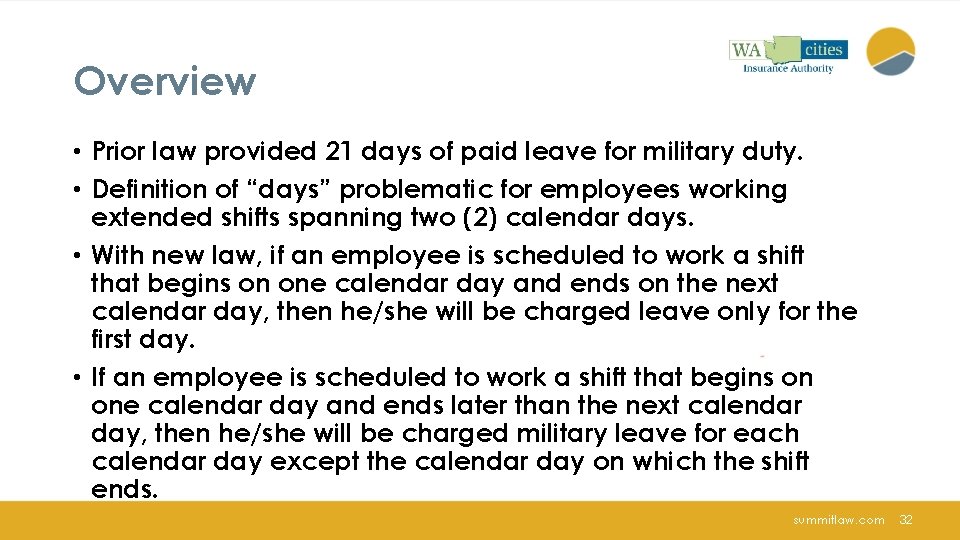 Overview • Prior law provided 21 days of paid leave for military duty. •