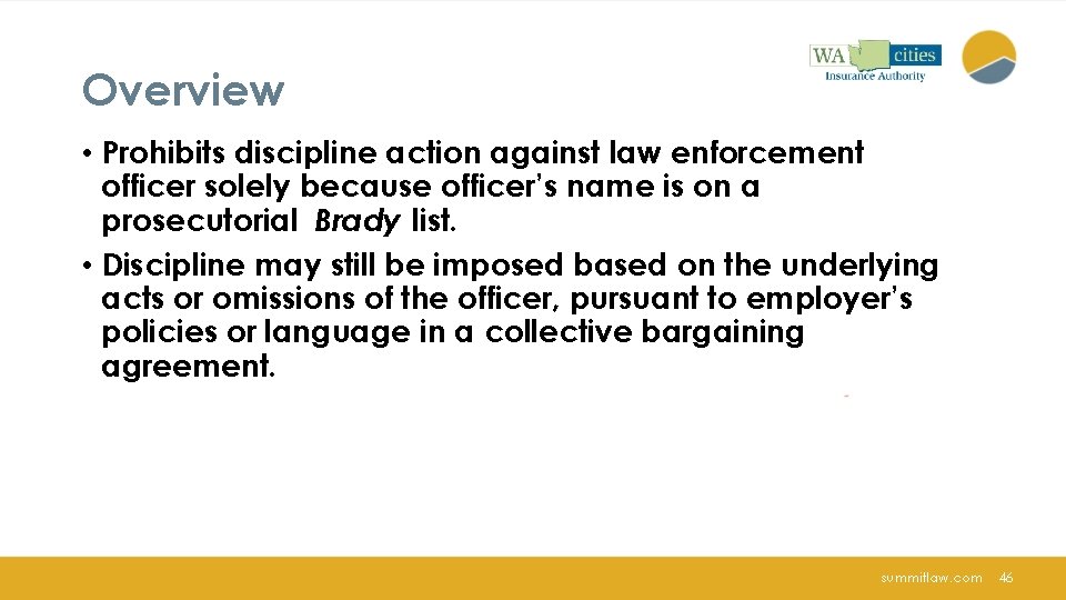 Overview • Prohibits discipline action against law enforcement officer solely because officer’s name is