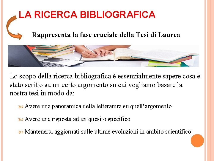 LA RICERCA BIBLIOGRAFICA Rappresenta la fase cruciale della Tesi di Laurea Lo scopo della