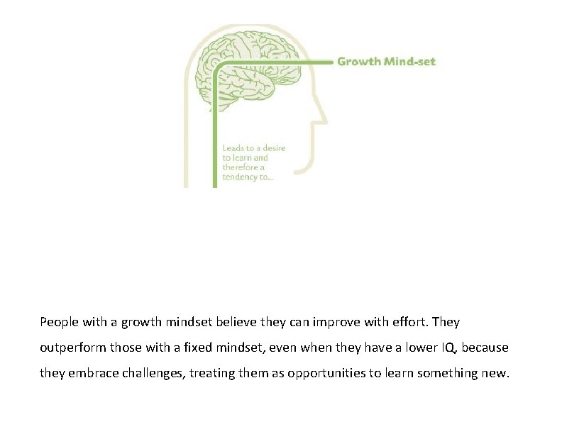 People with a growth mindset believe they can improve with effort. They outperform those